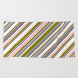 [ Thumbnail: Eye-catching Green, Dark Grey, Gray, White & Pink Colored Pattern of Stripes Beach Towel ]