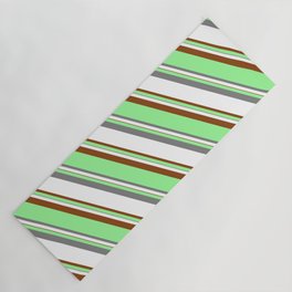 [ Thumbnail: Green, Grey, White, and Brown Colored Lined/Striped Pattern Yoga Mat ]