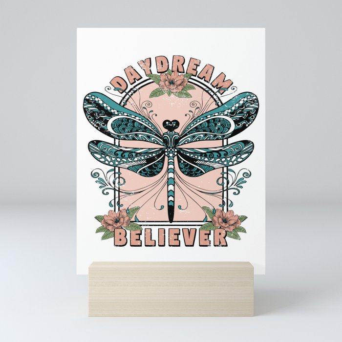 Daydream, Cute Dragonfly, Pretty Floral Design Mini Art Print