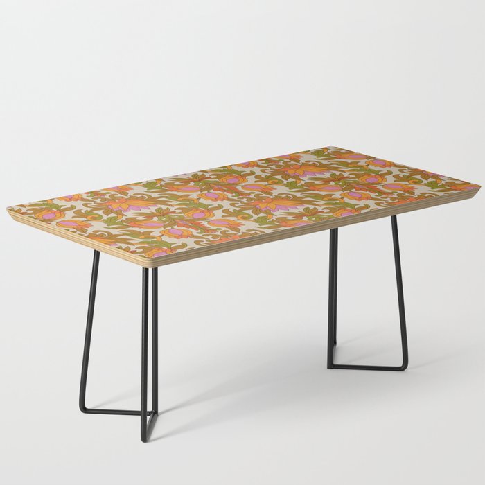 Orange, Pink Flowers and Green Leaves 1960s Retro Vintage Pattern Coffee Table