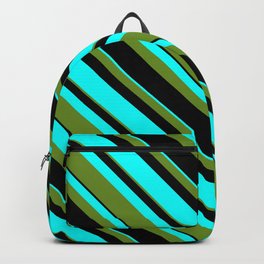 [ Thumbnail: Green, Black, and Aqua Colored Lined Pattern Backpack ]