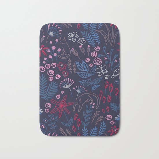 Flowers with cats pattern Bath Mat