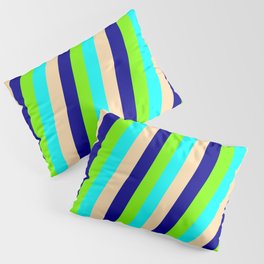 [ Thumbnail: Green, Cyan, Tan & Dark Blue Colored Stripes Pattern Pillow Sham ]