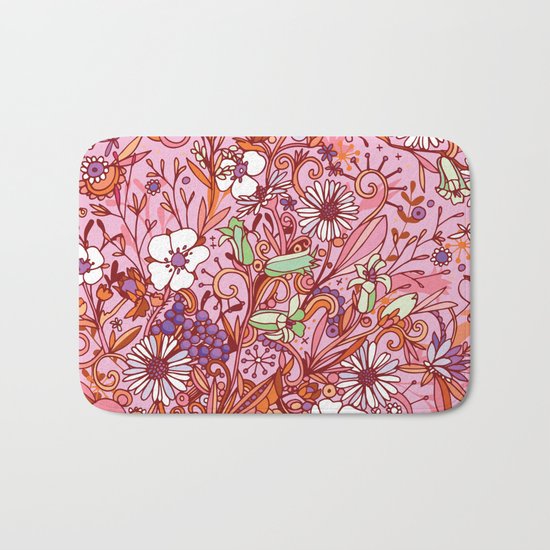 Daisy and Bellflower pattern, pink Bath Mat