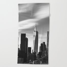 New York City Views From the Brooklyn Bridge | Black and White Travel Photography Beach Towel