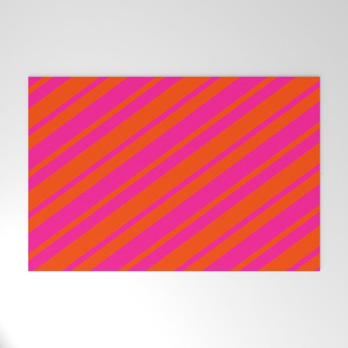 Red and Deep Pink Colored Lined Pattern Welcome Mat
