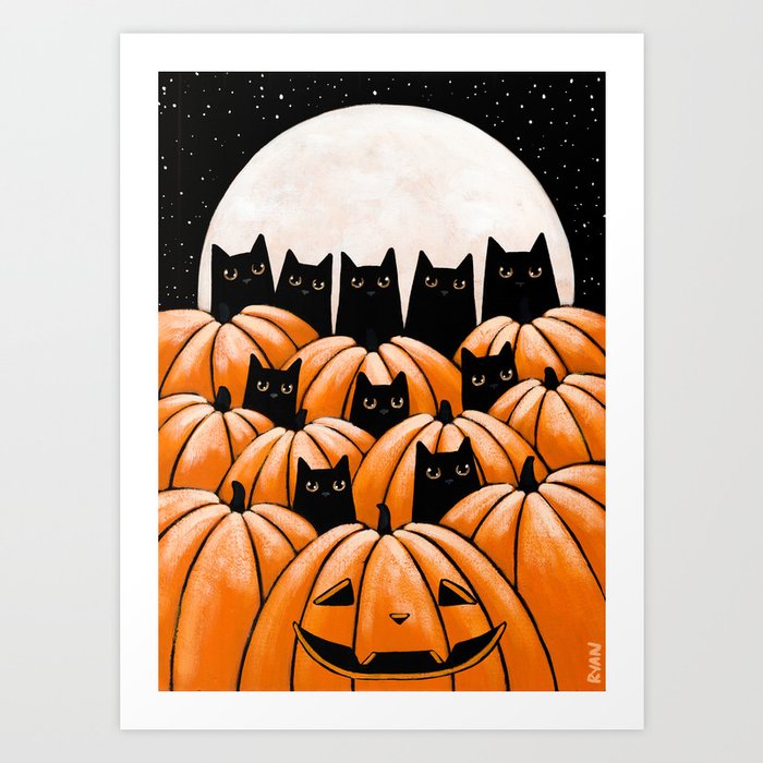 Black Cats in the Pumpkin Patch Art Print