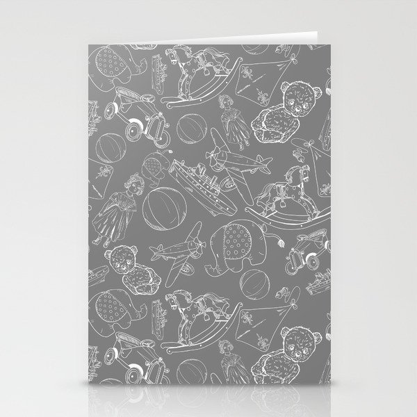 Grey and White Toys Outline Pattern Stationery Cards