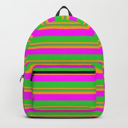 [ Thumbnail: Lime Green, Orange, and Fuchsia Colored Lined Pattern Backpack ]