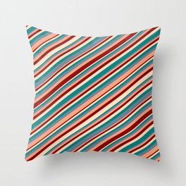 [ Thumbnail: Eye-catching Bisque, Teal, Slate Gray, Light Salmon & Dark Red Colored Stripes Pattern Throw Pillow ]