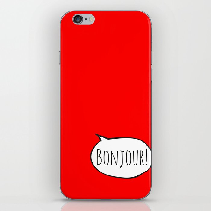 Cheerful BONJOUR! with white cartoon speech bubble on bright comic book red (Francais / French) iPhone Skin
