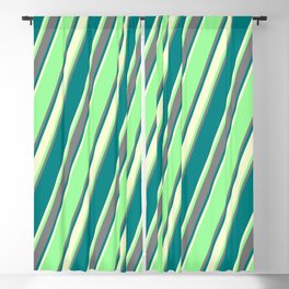 [ Thumbnail: Green, Grey, Teal & Light Yellow Colored Striped Pattern Blackout Curtain ]