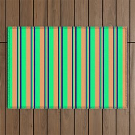 [ Thumbnail: Blue, Green & Brown Colored Lines/Stripes Pattern Outdoor Rug ]