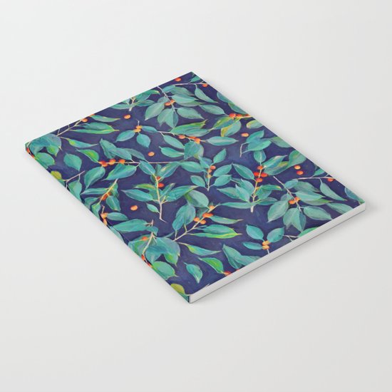 Leaves + Berries in Navy Blue, Teal & Tangerine Notebook
