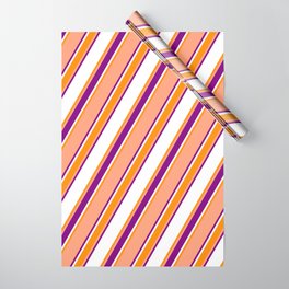 [ Thumbnail: Light Salmon, Purple, White, and Dark Orange Colored Stripes Pattern Wrapping Paper ]