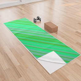 [ Thumbnail: Aquamarine, Lime Green & Green Colored Striped/Lined Pattern Yoga Towel ]