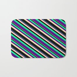 [ Thumbnail: Green, Indigo, Beige, and Black Colored Striped Pattern Bath Mat ]