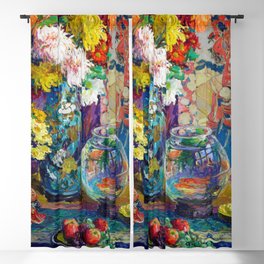 Gold Fish bowl, Fruits, Flowers, and Peonies still life portrait painting by Kathryn Evelyn Cherry Blackout Curtain