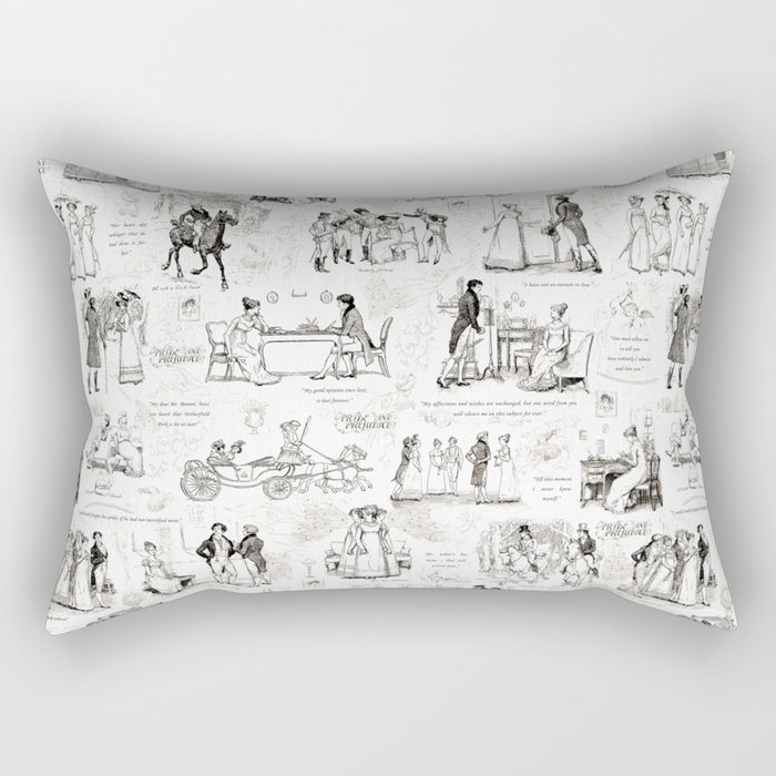 Pride and Prejudice Black White Toile with Quotes Rectangular Pillow