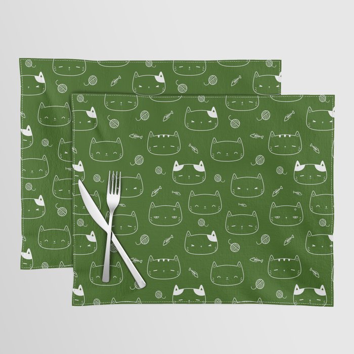 Green and White Doodle Kitten Faces Pattern Placemat