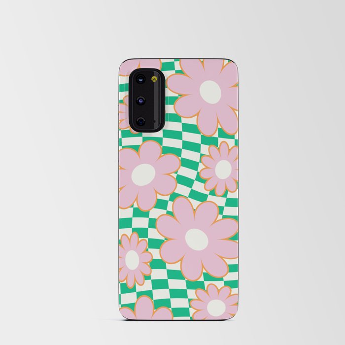 Simple Retro Flowers on Alternative Warped Checkerboard (Green & Pink) Android Card Case