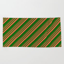 [ Thumbnail: Red and Dark Green Colored Stripes Pattern Beach Towel ]