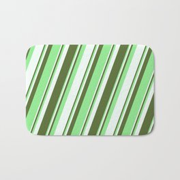 [ Thumbnail: Dark Olive Green, Light Green, and Mint Cream Colored Lines Pattern Bath Mat ]