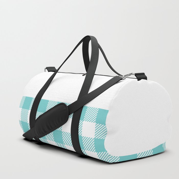 Buffalo Plaid Gingham on Turquoise Blue Green and White Horizontal Split Duffle Bag