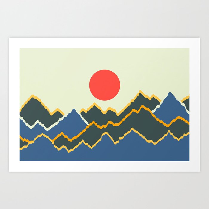 Vibrant Sun Rising Over Serene Mountains Minimalist Abstract Nature Art In Vintage 50s & 60s Color Palette Art Print