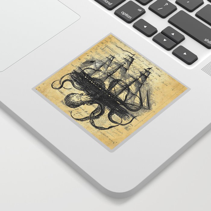 Kraken Octopus Attacking Ship Multi Collage Background Sticker