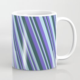 [ Thumbnail: Slate Blue, Dark Slate Gray, and Light Blue Colored Pattern of Stripes Coffee Mug ]
