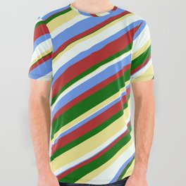 [ Thumbnail: Colorful Tan, Mint Cream, Cornflower Blue, Red, and Dark Green Colored Stripes Pattern All Over Graphic Tee ]
