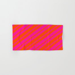 [ Thumbnail: Red and Deep Pink Colored Lined Pattern Hand & Bath Towel ]