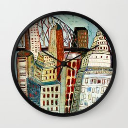 Jaunty City in a Trio of Colors Wall Clock | Pop Art, Officedecor, Architecture, Urban, Cityscape, Pattern, Abstract, Illustration, Street Art, Painting 