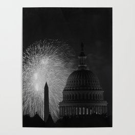 Fireworks Near The US Capitol and Washington Monument - 1995 Poster