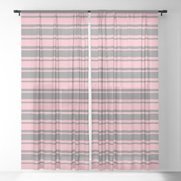 [ Thumbnail: Grey and Light Pink Colored Lines Pattern Sheer Curtain ]