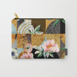 Watercolor flowers and leaves on semicircles, circles, squares, grunge, golden glitter textures Carry-All Pouch