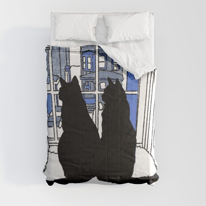 Window Cats At Dusk Silhouette Blue Comforter