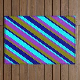 [ Thumbnail: Aqua, Dark Orchid, Green, and Dark Blue Colored Stripes/Lines Pattern Outdoor Rug ]