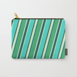 [ Thumbnail: Sea Green, Light Yellow, Turquoise, and Dark Slate Gray Colored Striped Pattern Carry-All Pouch ]
