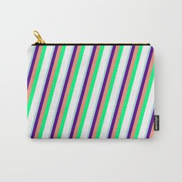 [ Thumbnail: Powder Blue, Indigo, Dark Salmon, Green, and White Colored Pattern of Stripes Carry-All Pouch ]