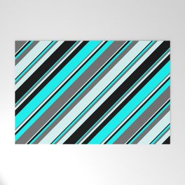[ Thumbnail: Aqua, Dim Gray, Light Cyan & Black Colored Lines/Stripes Pattern Welcome Mat ]