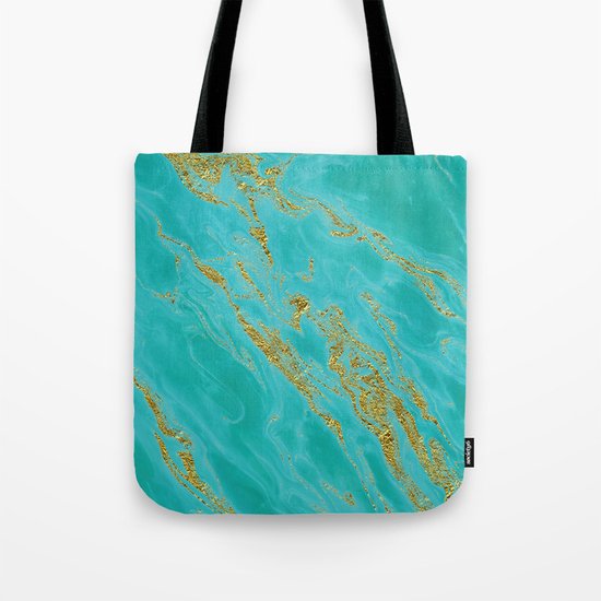 Luxury and glamorous gold glitter on aqua Sea marble on #Society6 Tote Bag