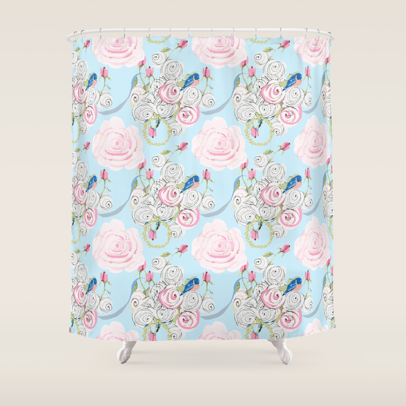 Shabby Chic Bluebirds And Watercolor Roses On Pale Blue Shower