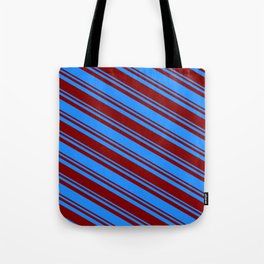 [ Thumbnail: Blue and Maroon Colored Pattern of Stripes Tote Bag ]