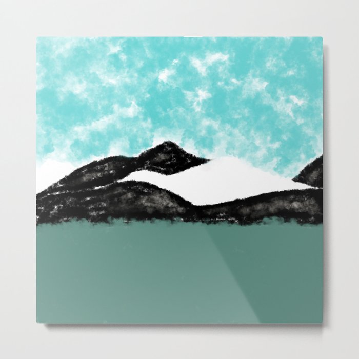 Artistic teal black white olive green watercolor mountain Metal Print