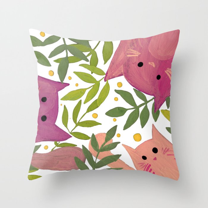 Cats and branches - pink and green Throw Pillow