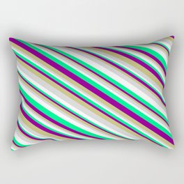 [ Thumbnail: Eye-catching Purple, Dark Khaki, Light Gray, White & Green Colored Lined Pattern Rectangular Pillow ]