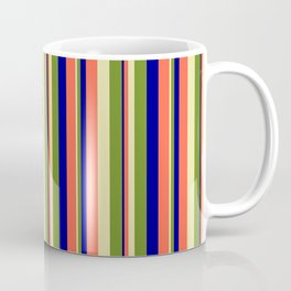 [ Thumbnail: Pale Goldenrod, Green, Dark Blue & Red Colored Stripes/Lines Pattern Coffee Mug ]