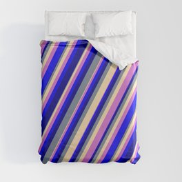 [ Thumbnail: Light Slate Gray, Beige, Orchid, Blue & Dark Blue Colored Striped Pattern Duvet Cover ]